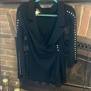 NWOT VENUS Black Top with Pearl Embellishments